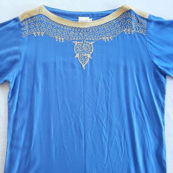 Boho Tunic Women L Blue Relaxed Top Lagenlook Peasant Hippie Coastal Embroidered - Picture 3 of 12